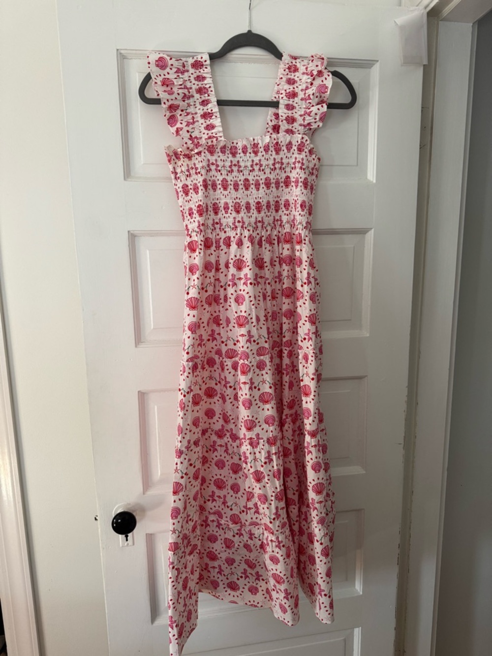 Hill House Red and White Shell-Print Smocked Maxi Dress